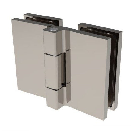 A polished chrome Como Series 180-degree glass-to-glass shower hinge shown from the front.