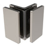 A brushed nickel Como Series glass-to-glass bracket shown in an assembled corner configuration.