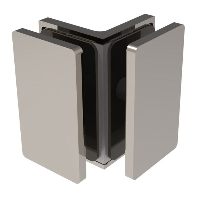 A polished chrome Como Series glass-to-glass bracket shown in an assembled corner configuration.