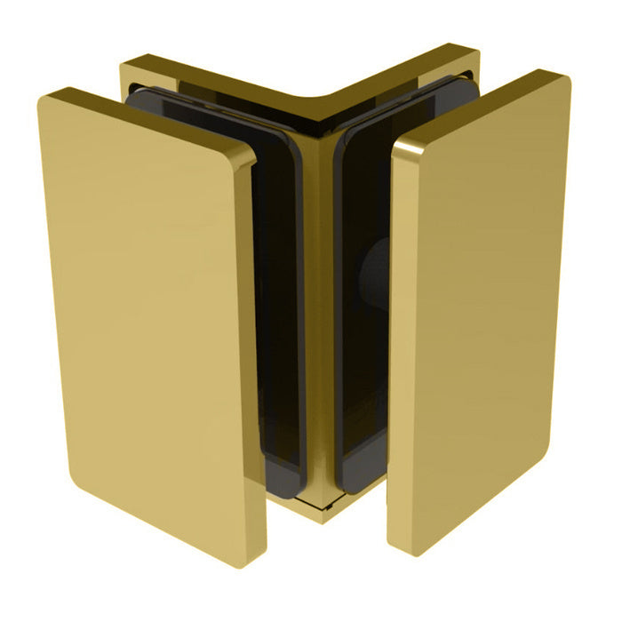 A satin brass Como Series glass-to-glass bracket shown in a corner configuration.