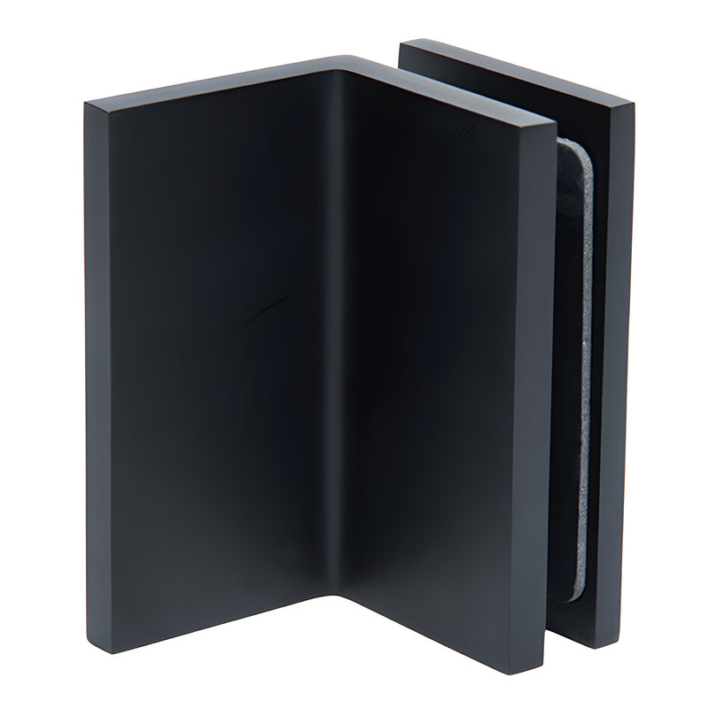 A matte black brass wall mount bracket for glass enclosures shown from the front angle.