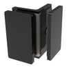 A matte black Como Series glass-to-glass bracket shown in a closed, assembled position.