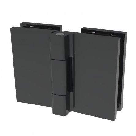 A matte black Como Series 180-degree glass-to-glass shower hinge shown from the front.