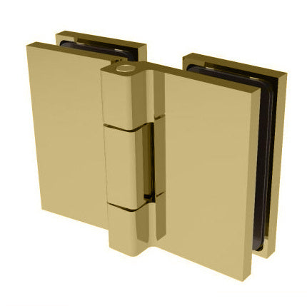 A satin brass Como Series 180-degree glass-to-glass shower hinge shown from an angled perspective.