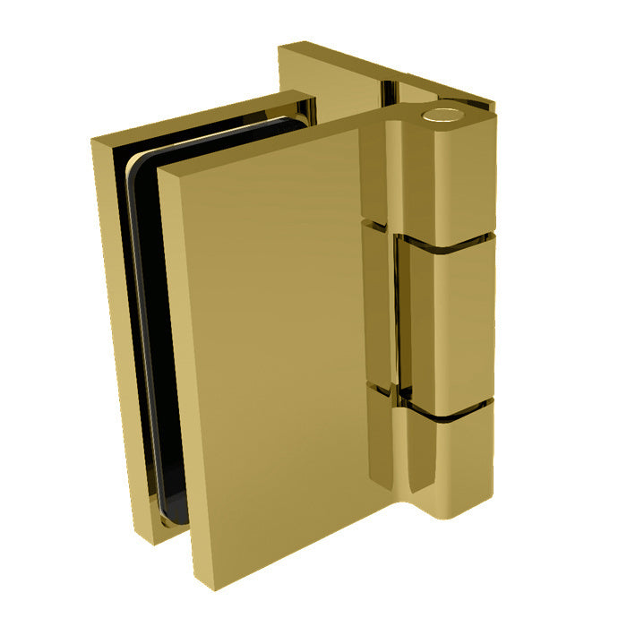 A satin brass Como Series wall mount outswing hinge shown from a closed perspective.