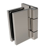 A polished chrome Como Series wall mount hinge shown in a closed position.