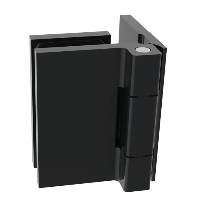 A matte black Como Series wall mount hinge shown from a front-facing perspective.
