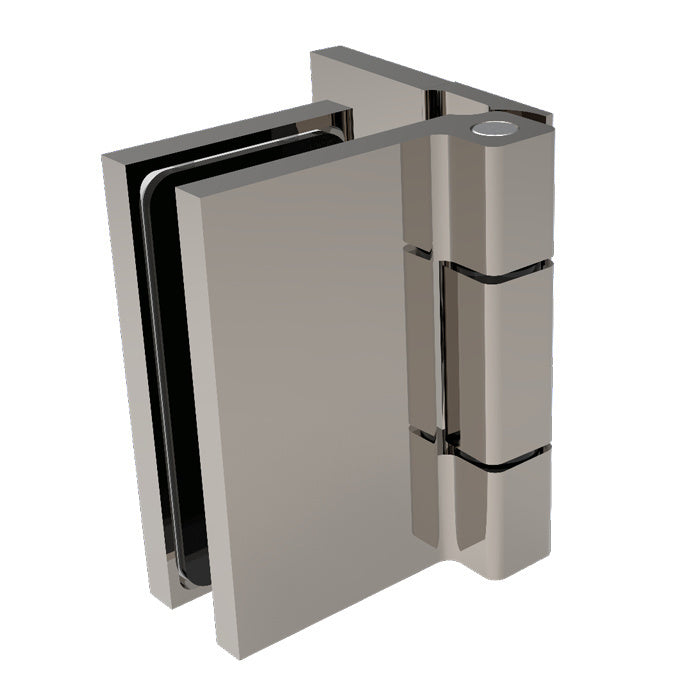 A brushed nickel Como Series wall mount hinge shown in a closed, assembled position.