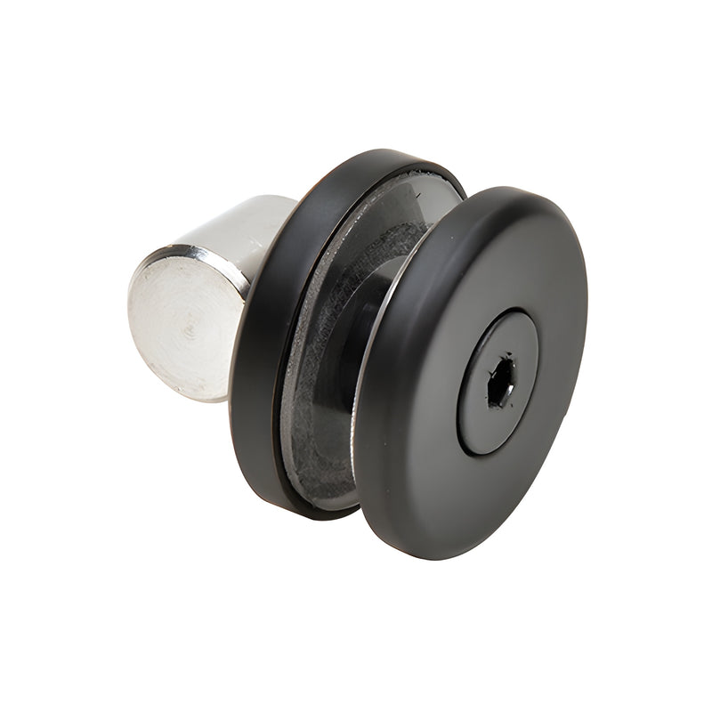 A matte black stainless steel fixed panel fitting for the Crescent Series sliding system shown against a white background.
