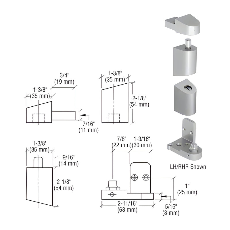 Technical diagram and components of a left-hand aluminum offset pivot set for storefront doors.