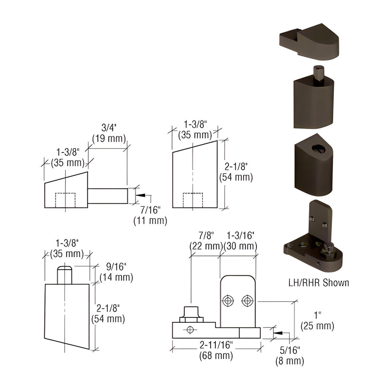 A technical diagram showing the components and dimensions of a dark bronze aluminum offset pivot set for left-hand storefront doors.
