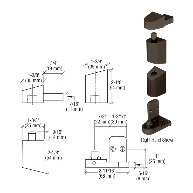 A technical diagram showing the components and dimensions of a dark bronze right-hand offset pivot set for aluminum storefront doors.