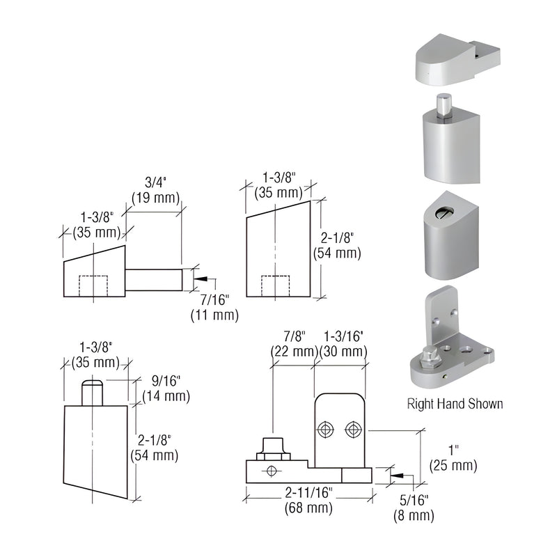 Technical diagram showing the components and dimensions of the CRL 0P400 right-hand offset pivot set for aluminum storefront doors.