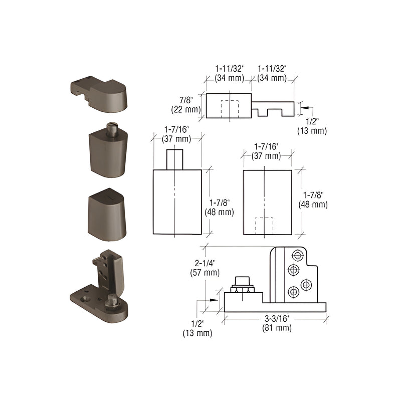 A technical diagram and product view of the dark bronze aluminum 0P70 series offset left-hand pivot set showing dimensions and components.