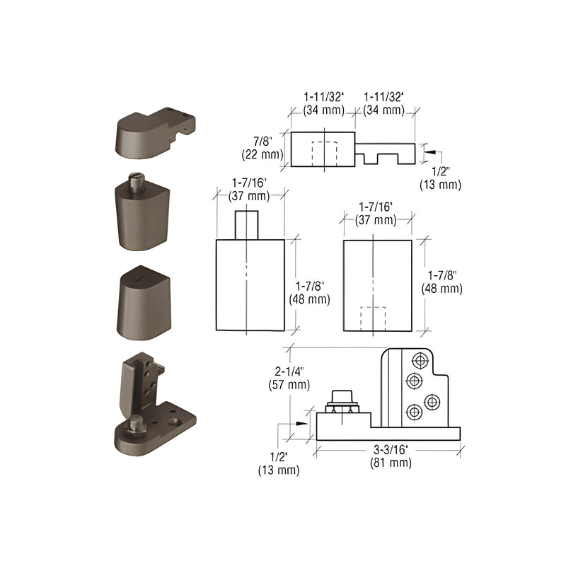A technical diagram showing the components and dimensions of a dark bronze aluminum offset pivot set for right-hand storefront doors.