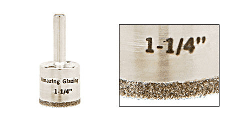 A diamond-plated steel drill bit with a 1-1/4 inch diameter and a 3/8 inch reduced round shank shown with a close-up of the cutting edge.