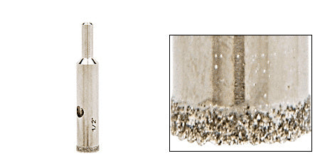 A 1/2-inch diamond-plated drill bit with a reduced round shank shown alongside a close-up view of the abrasive diamond cutting edge.