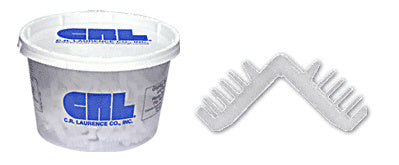 A container of CRL white nylon corner keys and a single V-shaped nylon corner piece for standard spacers.