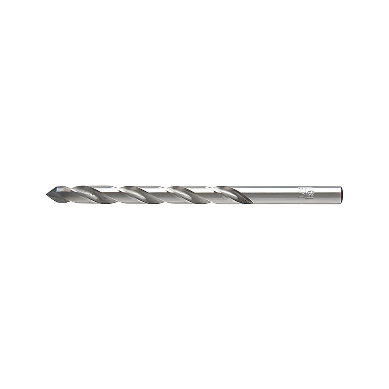 A close-up view of a 4-inch long metal drill bit with a 1/4-inch round shank designed for plastic materials.