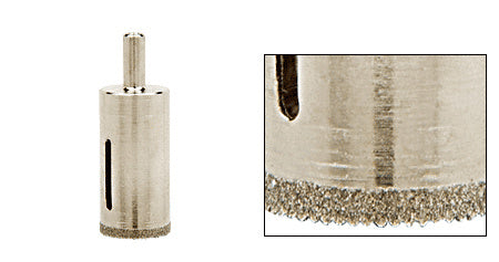 A 1-inch diamond-plated steel drill bit with a 3/8-inch reduced round shank shown alongside a close-up of the abrasive diamond cutting edge.