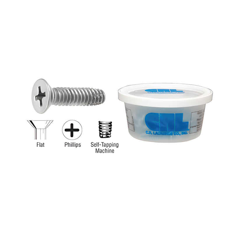 A CRL 10-32 by 3/4 inch flat head Phillips self-tapping machine screw shown with its plastic packaging tub and profile diagrams.