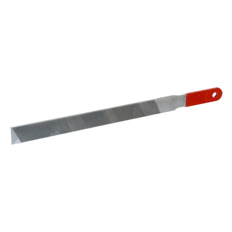 A 10-inch combination aluminum file with a red handle and a dual-textured metal surface.