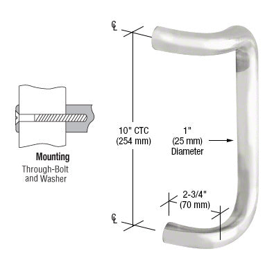 A technical diagram showing the dimensions and through-bolt mounting details for a 10-inch polished stainless steel offset door pull.