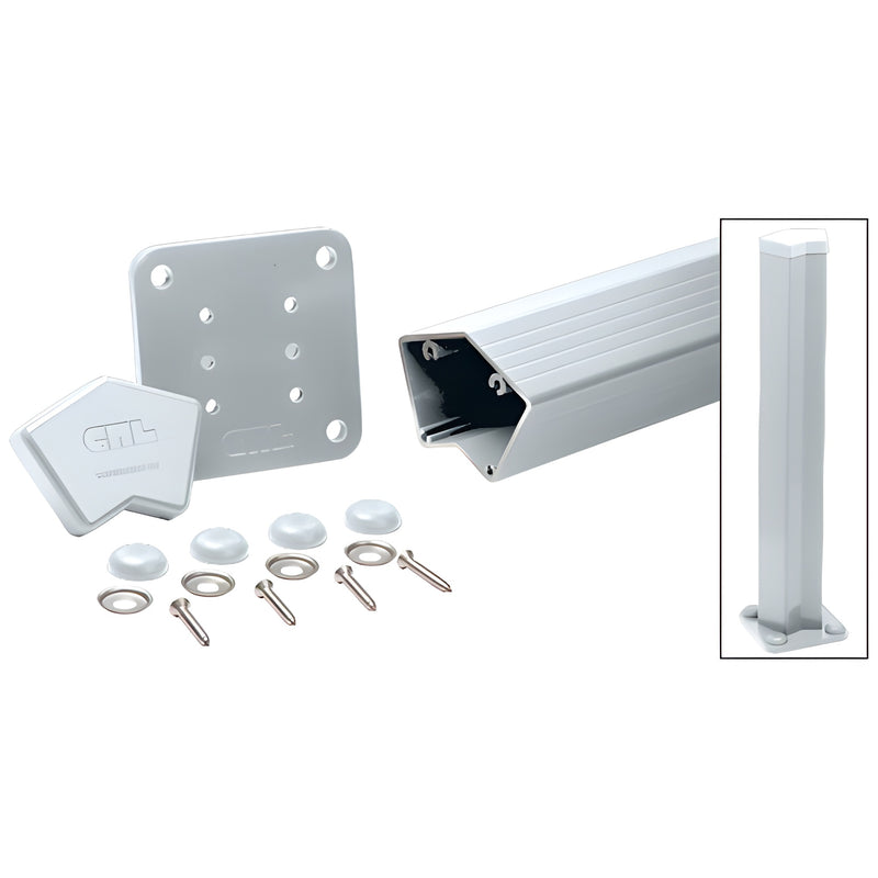 A CRL 100 Series 135-degree aluminum post kit featuring a base plate, mounting hardware, and a mill-finished post section.