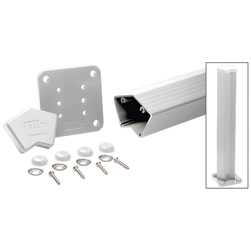 A silver metallic 135-degree aluminum railing post kit including a base plate, post section, end cap, and mounting hardware.