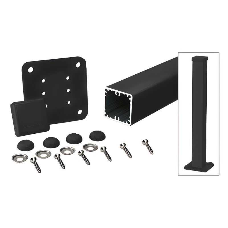 A matte black aluminum square post kit featuring a base plate, mounting hardware, and a post cap.
