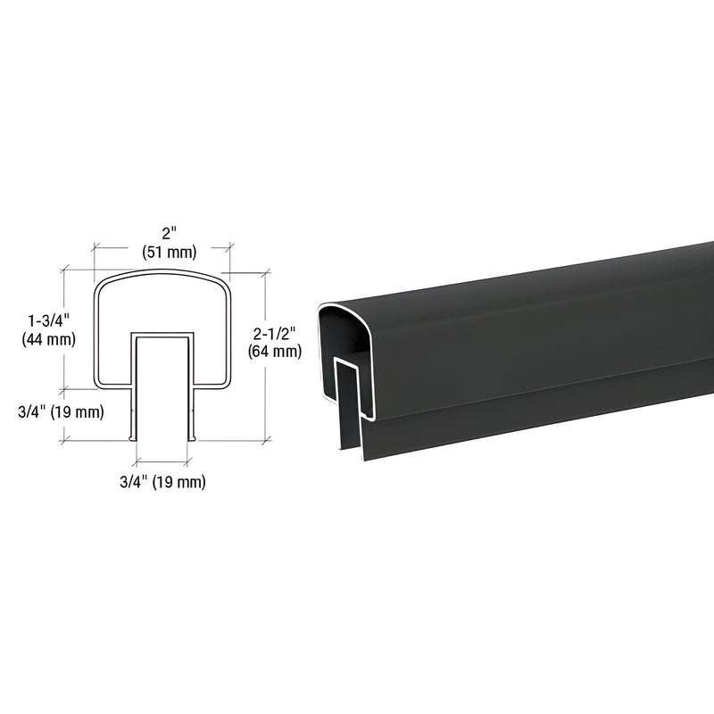 A technical diagram and a 3D view of the matte black aluminum 100 Series top rail showing its profile dimensions.