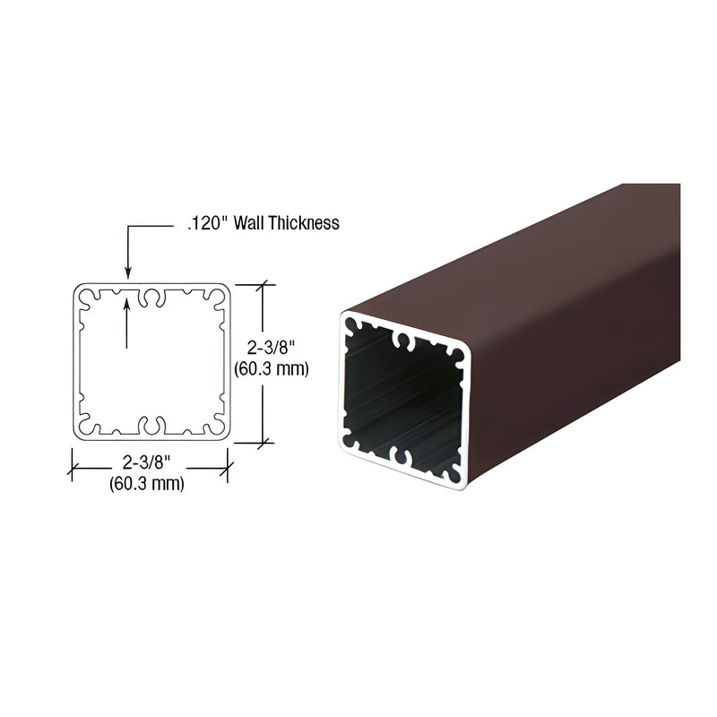A matte bronze 100 Series aluminum square post is shown next to a technical cross-section diagram detailing its 2-3/8" dimensions.