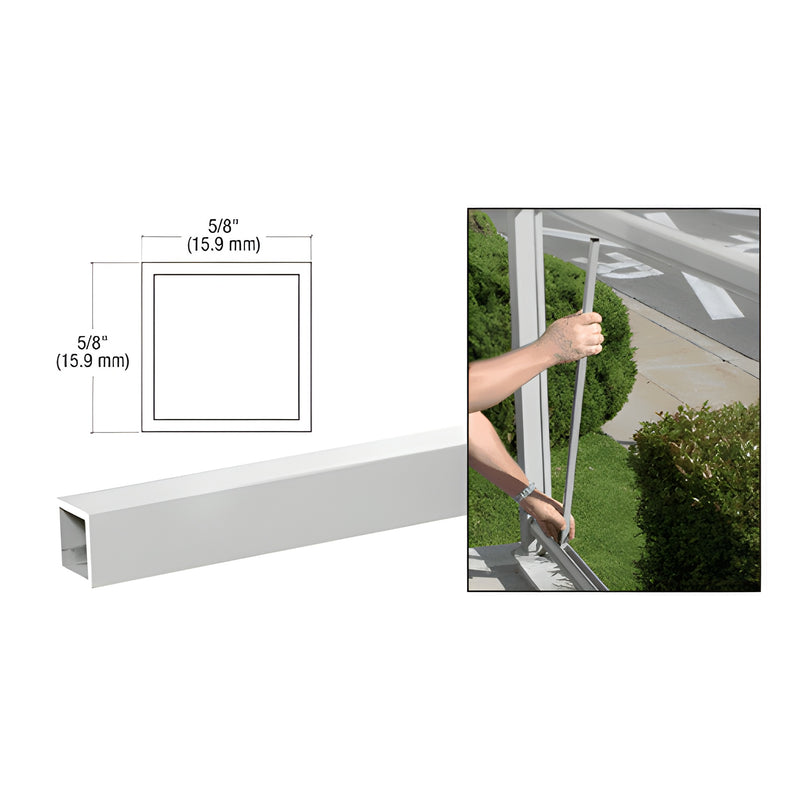 A hand holds a 48-inch silver metallic aluminum picket next to a railing diagram showing 5/8-inch square dimensions.