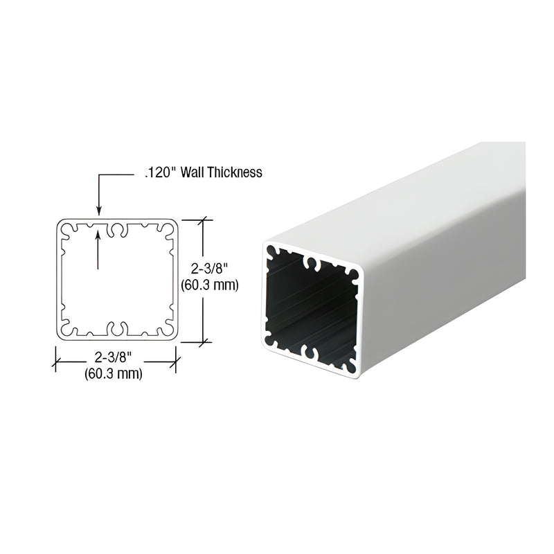 A technical diagram and perspective view of a square silver metallic aluminum post showing a 2-3/8 inch profile.