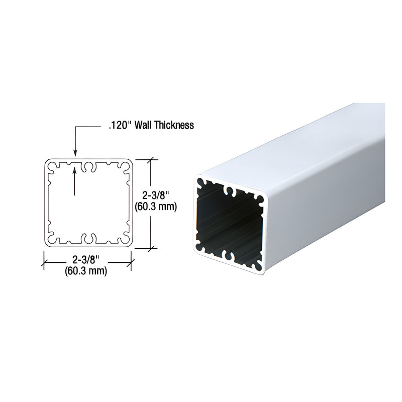 A clear anodized aluminum square post shown with a technical cross-section diagram indicating a 2-3/8 inch width and height.