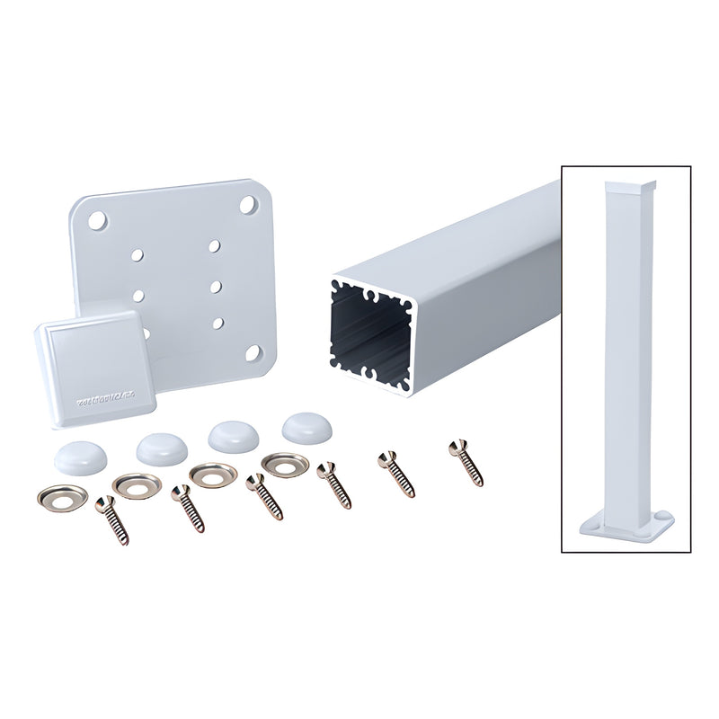 A clear anodized aluminum 100 Series surface mount post kit featuring a square base plate, mounting hardware, and a post section.