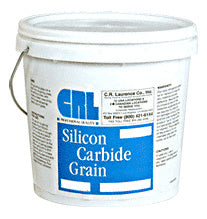 A white plastic bucket containing CRL 100X grit silicon carbide grain for industrial grinding.