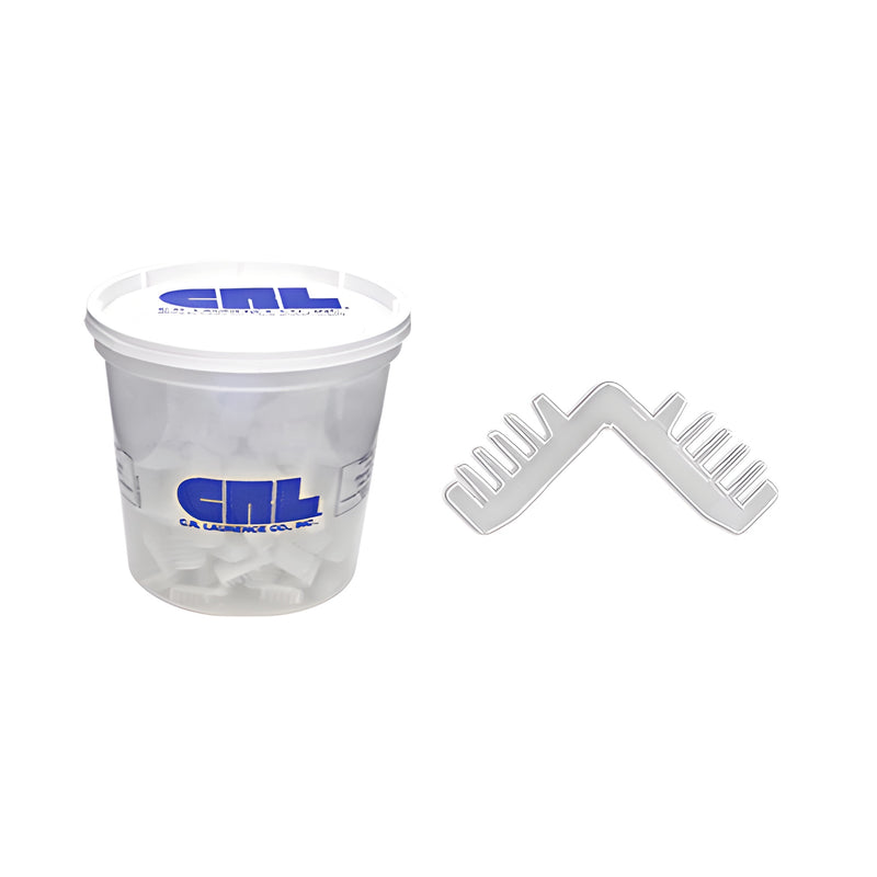 A plastic container of white nylon corner keys and a single corner key piece are shown against a white background.