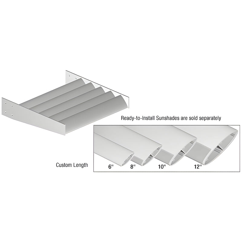 A technical diagram showing a 12-inch clear anodized airfoil blade alongside various blade size options for sunshade systems.