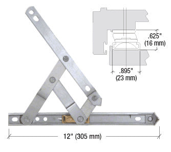 A 12-inch stainless steel 4-bar friction hinge shown with a technical diagram indicating its profile dimensions.