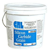 A white plastic bucket containing CRL 120X grit silicon carbide grain with product labeling.