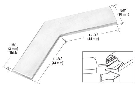 A mill finish aluminum 135-degree corner bracket shown with dimensional technical drawings and an installation diagram for railing systems.