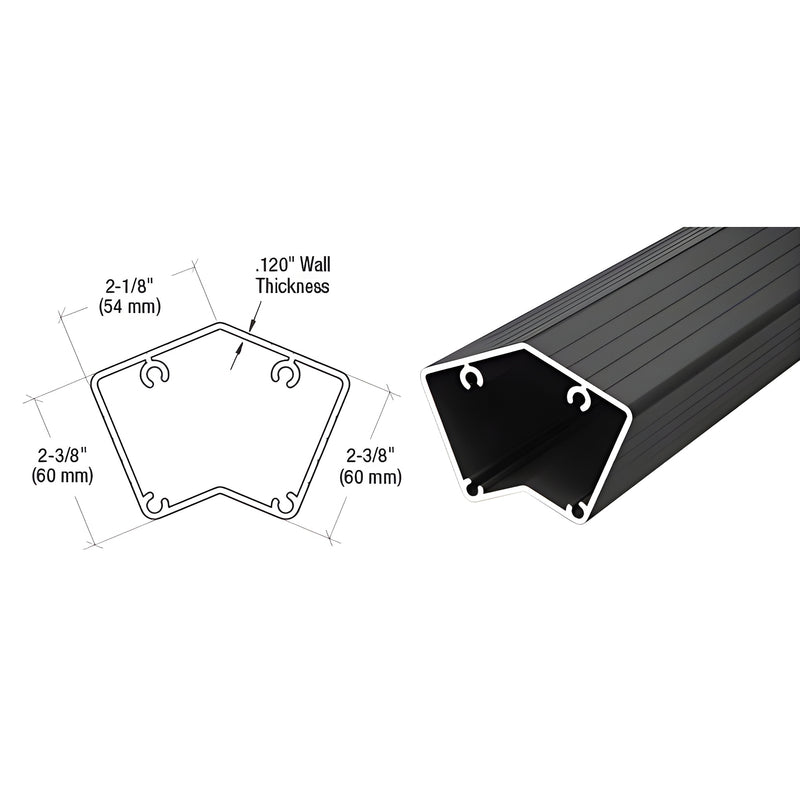 A technical diagram and perspective view of a matte black aluminum 135-degree surface mount post for railing systems.