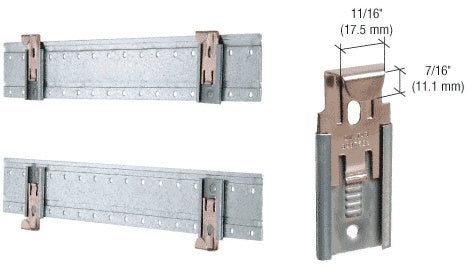 The CRL 16-inch Mirraco mirror hanger system features metal mounting strips and adjustable clips for 1/4-inch thick seamed mirrors.
