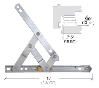 A 16-inch stainless steel 4-bar friction hinge shown with a technical diagram indicating mounting dimensions.