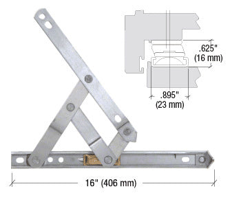 A 16-inch stainless steel 4-bar heavy-duty friction hinge shown with a technical diagram of its profile dimensions.