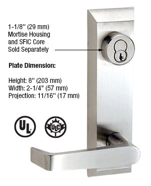 A brushed stainless steel lever trim for 1900 rim panic devices featuring a key lockable design and 8-inch height.