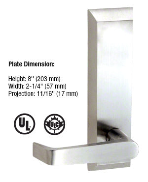 A brushed stainless steel lever trim for 1900 rim panic devices shown with its 8-inch by 2-1/4-inch plate dimensions and UL certification logos.