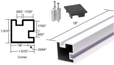 A 18-inch brite anodized aluminum corner post with a square tube profile, concealed lug base, and flat cap shown with technical dimension diagrams.