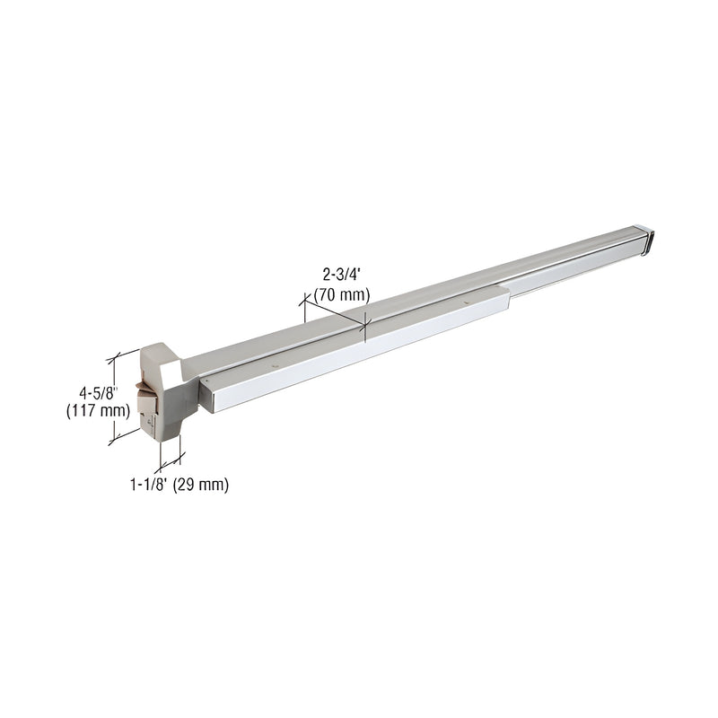 A satin aluminum CRL 1900 Series rim panic exit device shown with dimensional annotations for the head and projection.